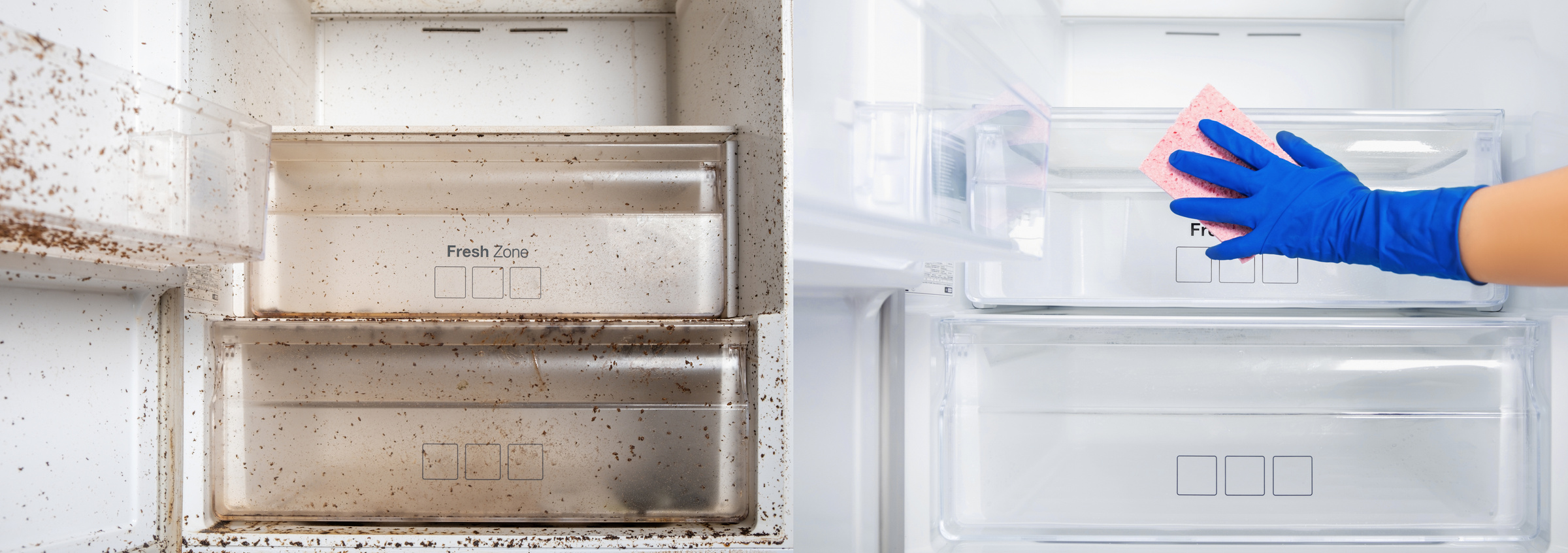 Befor-after female hand washes the refrigerator shelves. Cleaning service Dirty and clean. Boxes